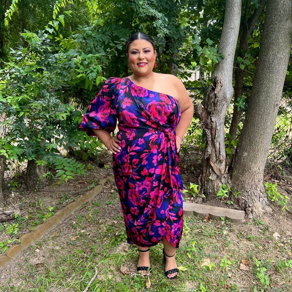 City Chic One-Shoulder Floral Dress - Pink and Blue